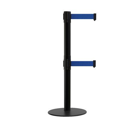 MONTOUR LINE Stanchion Dual Belt Barrier Flat Base Black Post 13ft. Dk Blue Belt MX630D-BK-DBL-130